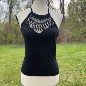 Cottagecore Crochet ISO Black Halter Top Macrame Tieback Lace Festival small